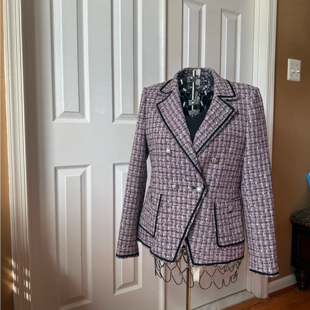 Elegant Pink Tweed Blazer with Black Trim